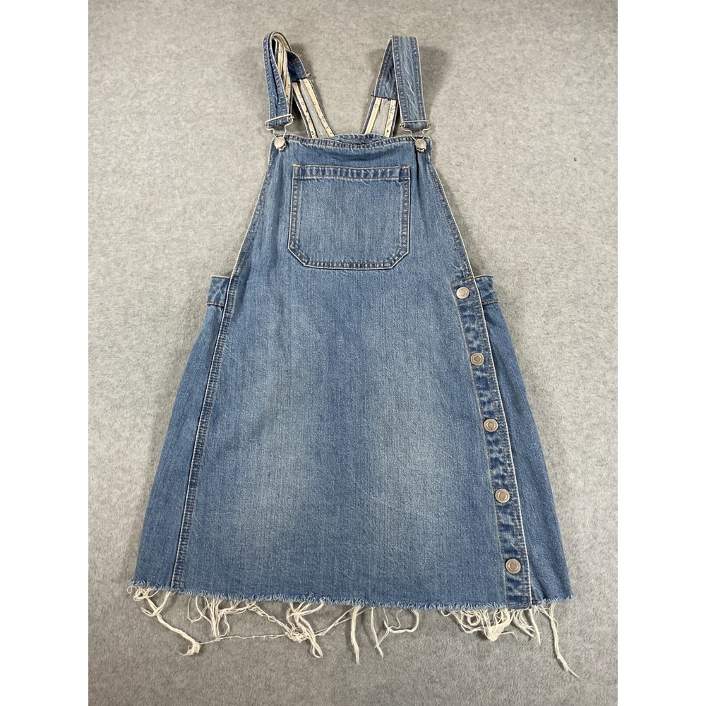 Free People Denim Overall Dress Medium Wash Frayed Raw Hem Mini Pinafore 6 2635